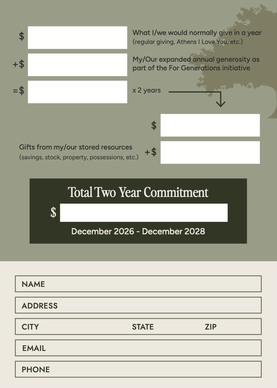 Commitment card: annual giving, expanded generosity, stored resources, and the total two-year commitment