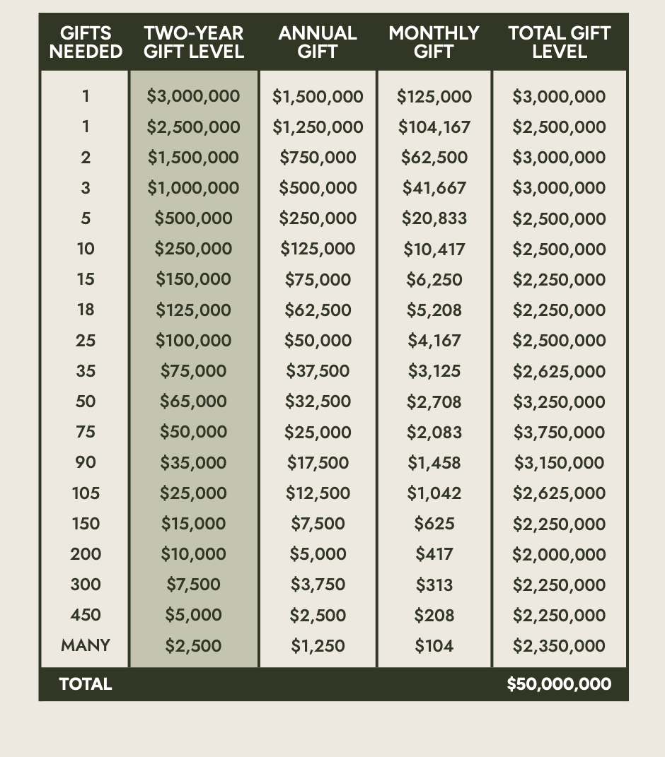 Two Year Gift Chart: gift levels from $2,500 to $3,000,000 totalling $50,000,000