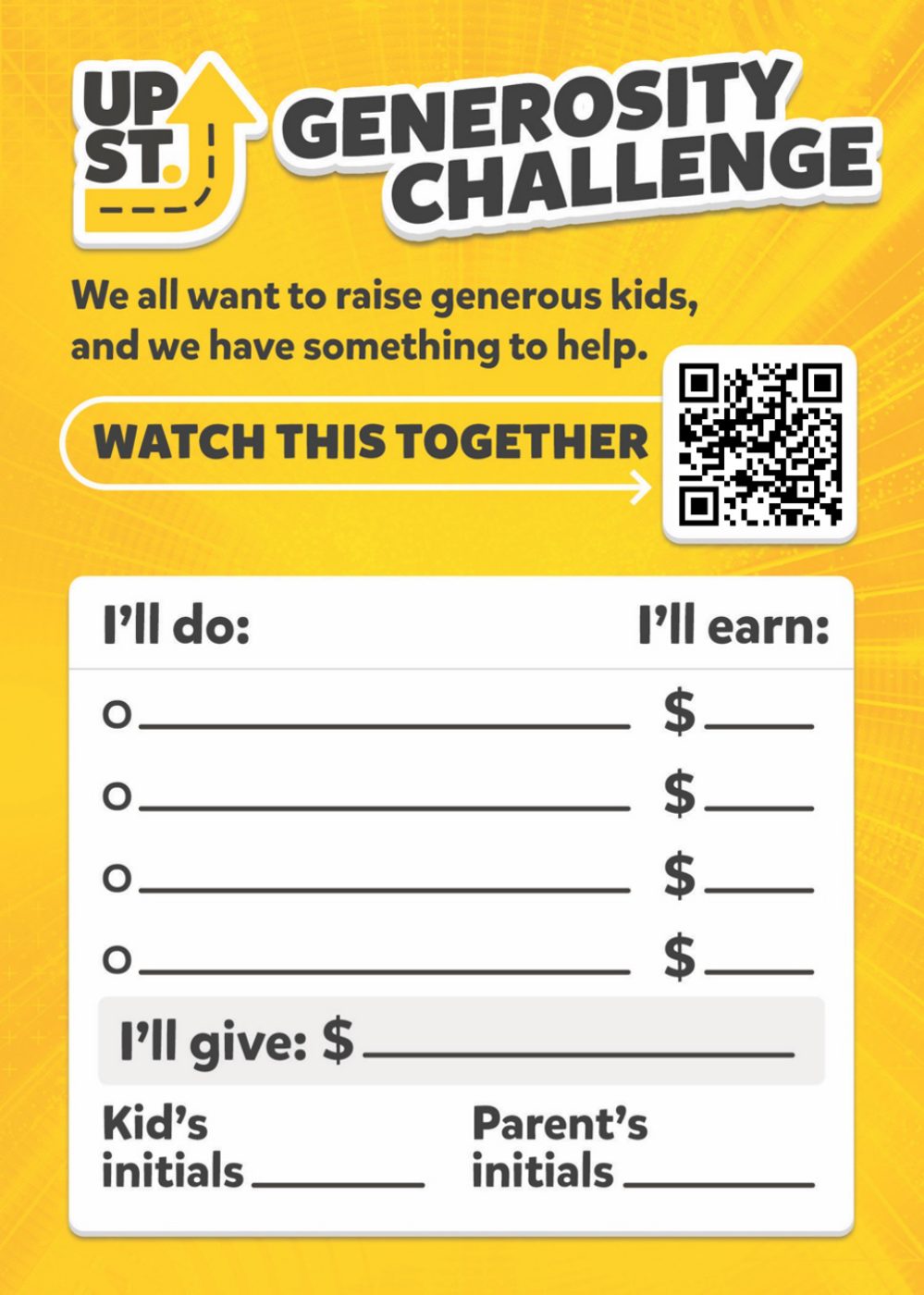 UpStreet Generosity Challenge card: I'll do / I'll earn lines, I'll give, and kid's and parent's initials